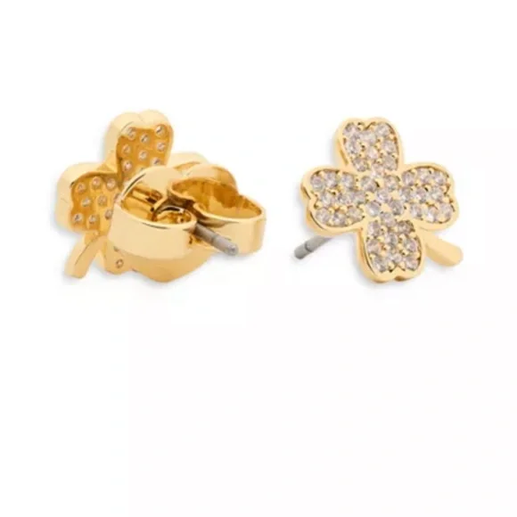 Kate Spade Lucky Charm Gold-Tone Pavé Crystal Clover Stud Earrings NWT - Picture 3 of 8